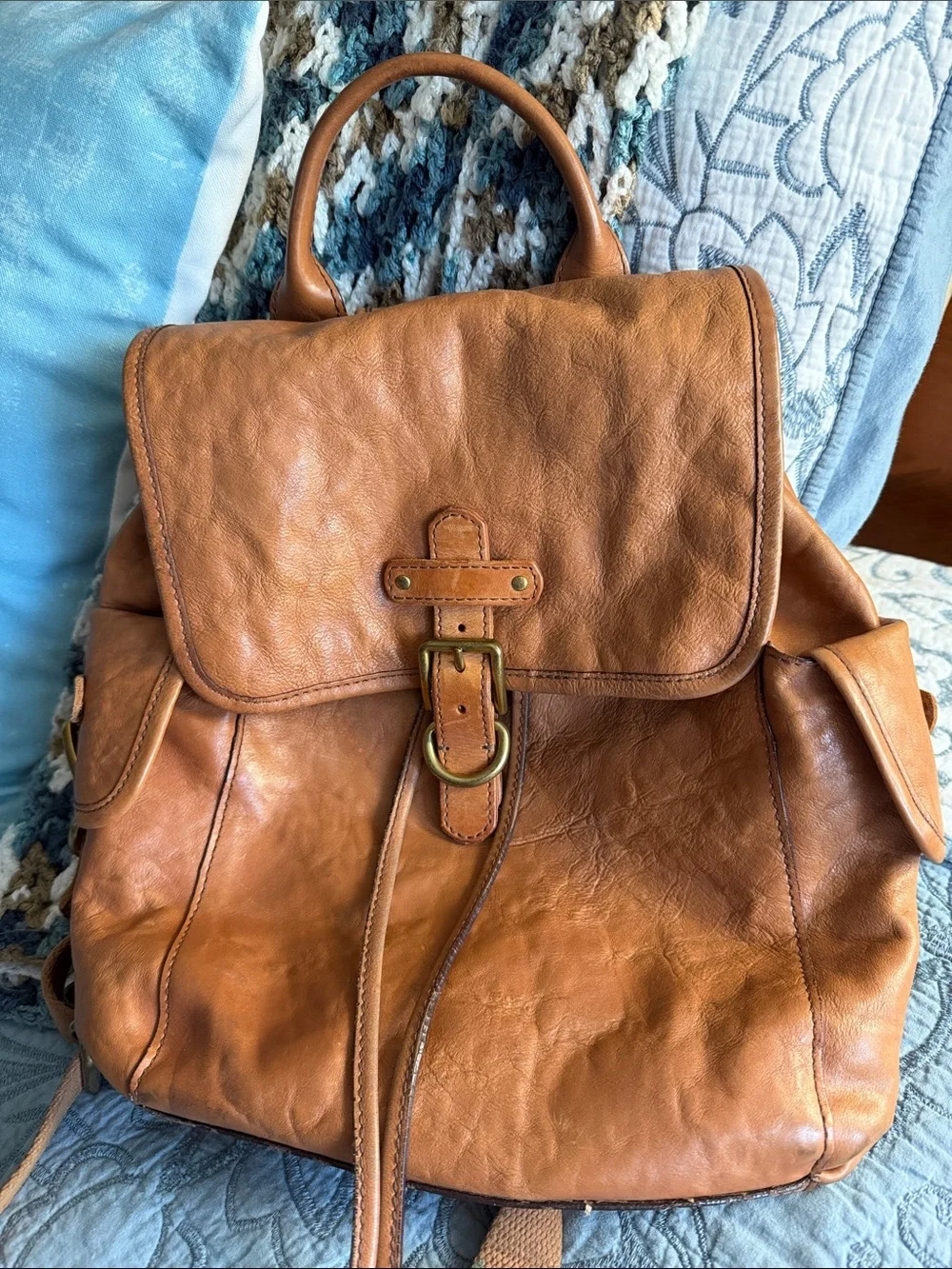 PREOWNED Vintage Fossil Classic Tan Leather Backpack Medium Size